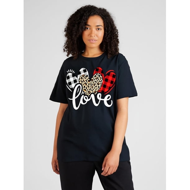 Cute Valentines Day Leopard Plaid Love Heart T-Shirt 100% Cotton T-shirtFather's Day, Mother's Day, Camisetas para mujer, lindas camisetas con estampado gráfico, de manga corta, estilo casual, para ve