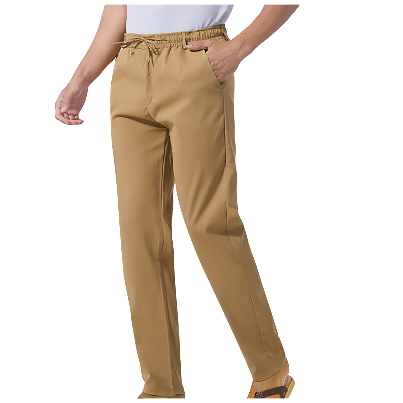 Tdoqot Chinos Pants Men- Drawstring Comftable Elastic Waist Slim Casual Cotton Mens Pants Khaki - image 2 of 6
