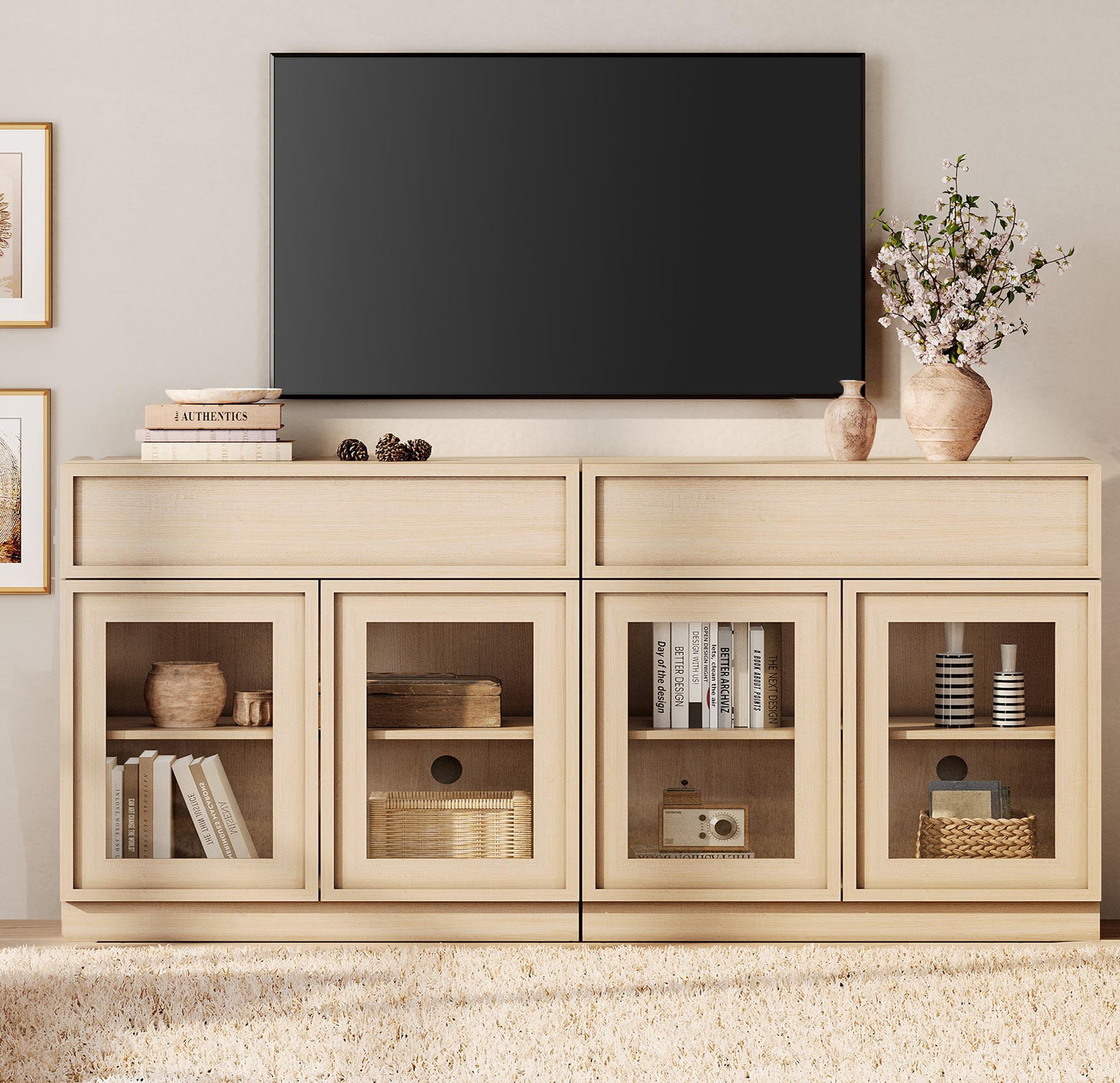 WAMPAT Modern TV Stand for TVs Up to 40", Wooden Entertainment Center TV Console with 4 Glass Doors and Drawers, Media Console Cabinet with Adjustable Shelf for Living Room, Bedroom, Beige