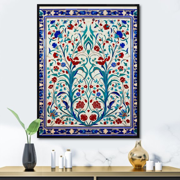 Designart "Moroccan Door in Blue Tiles II" Abstract Framed Wall Art - Modern Blue Abstract Tile Hallway Framed Wall Art Decor