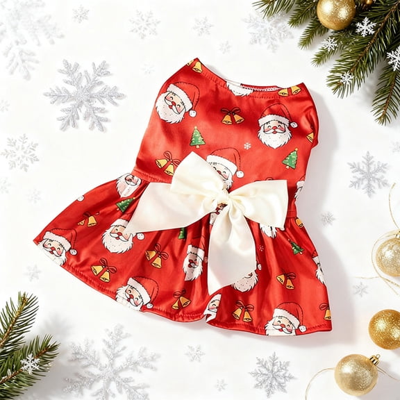 A Pet Dog Dress Clothing Apparel Christmas New Year Costume With Santa Snowman Gift Box Design Large Bow For Small Breeds Holiday Party Style A