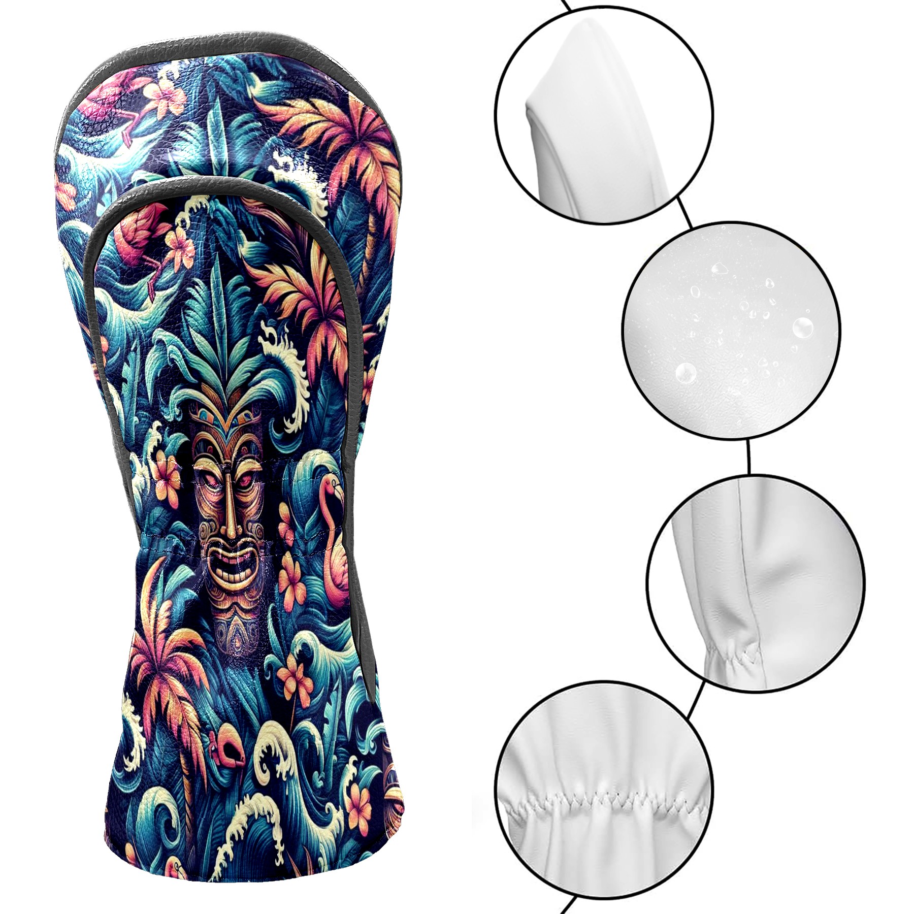 Golf Club Covers, Blue Tiki Flamingos Premium PU Leather Driver Hybrid Putter Head Covers with Velvet Lining, Waterproof Golf Gifts for Men Women