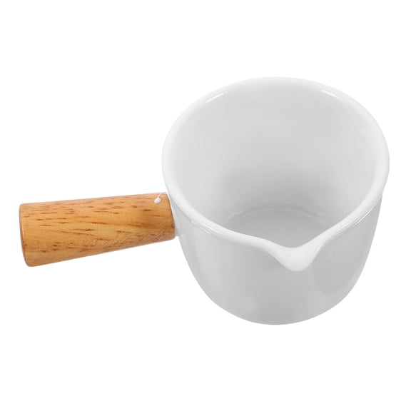 OUNONA White Ceramic Pitcher for Sauce and Coffee Syrup with Wood Handle Great for Storage Use at Home Restaurants Bars 5.3 Inches