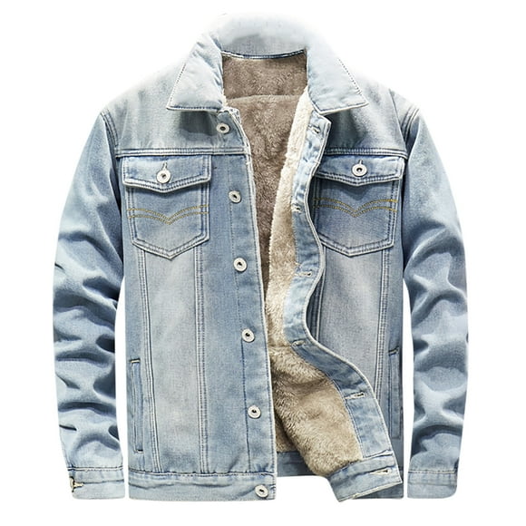 Fengqque Men's Lapel Sherpa Fleece Lined Thicken Denim Jean Trucker Jacket Coats Long Sleeve Slim Fit Casual Jean Jacket Light Blue 4(M)