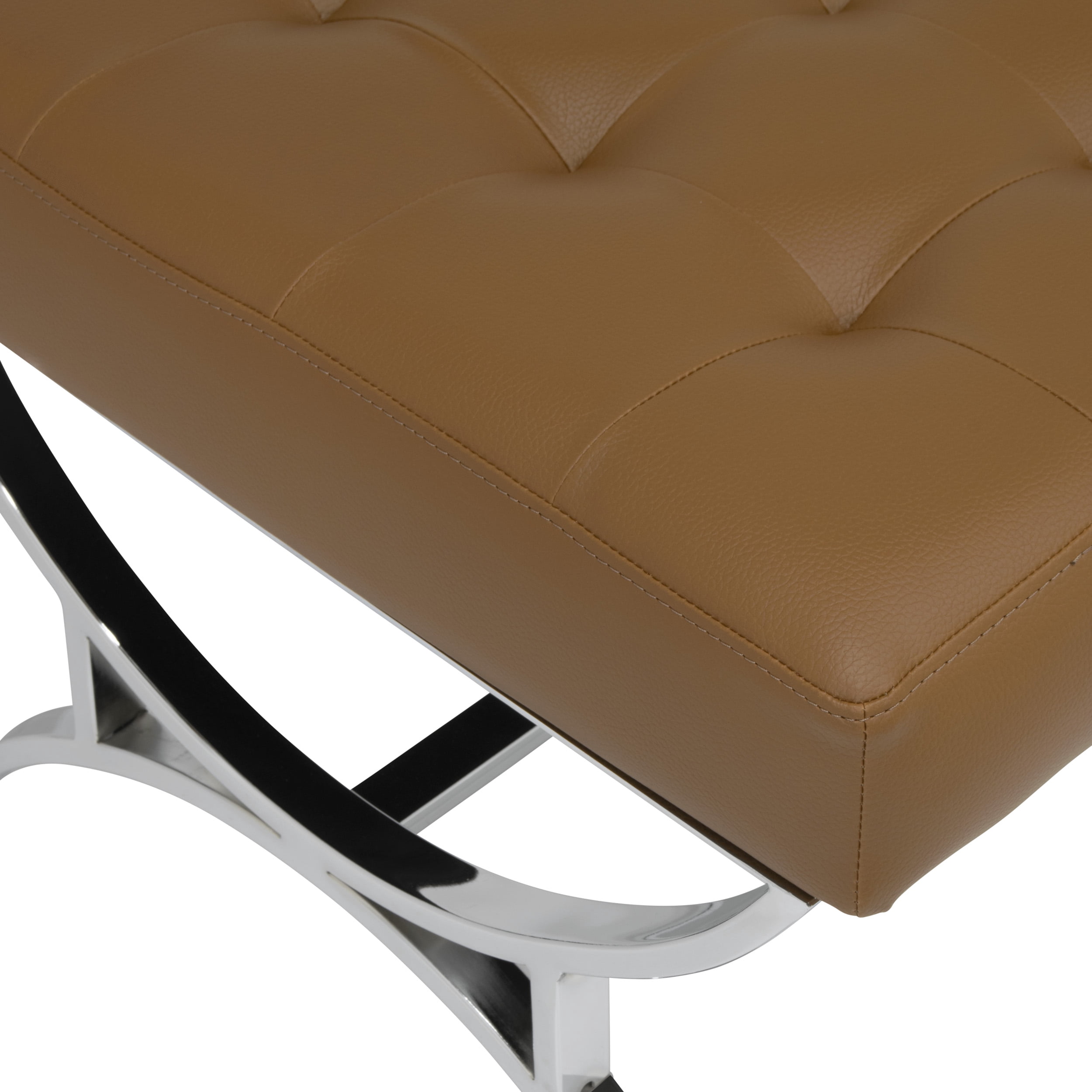 Studio Designs Home Newel Modern Square Ottoman Blended Leather and Chrome Metal Frame in Chrome and Caramel