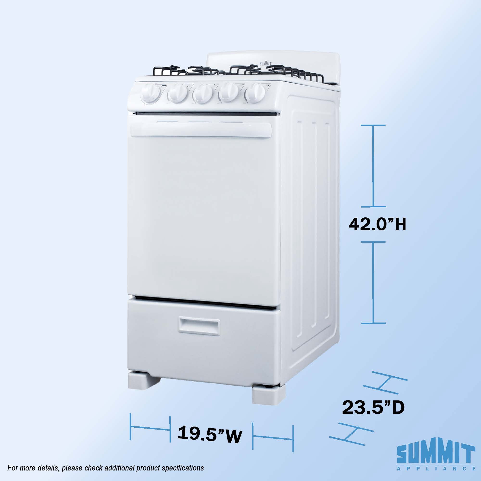 Summit 20 Inch Gas Range, 2.3 cu.ft. Oven,, ADA Compliant, White - RG244WS