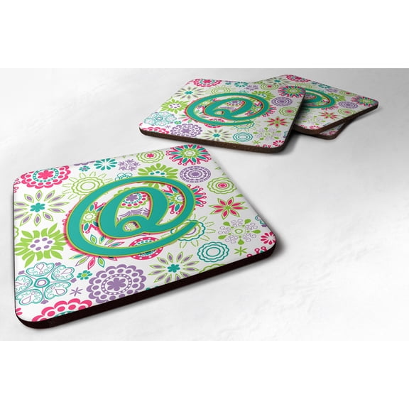 Letter Q Flowers Pink Teal Green Initial Foam Coaster Set of 4