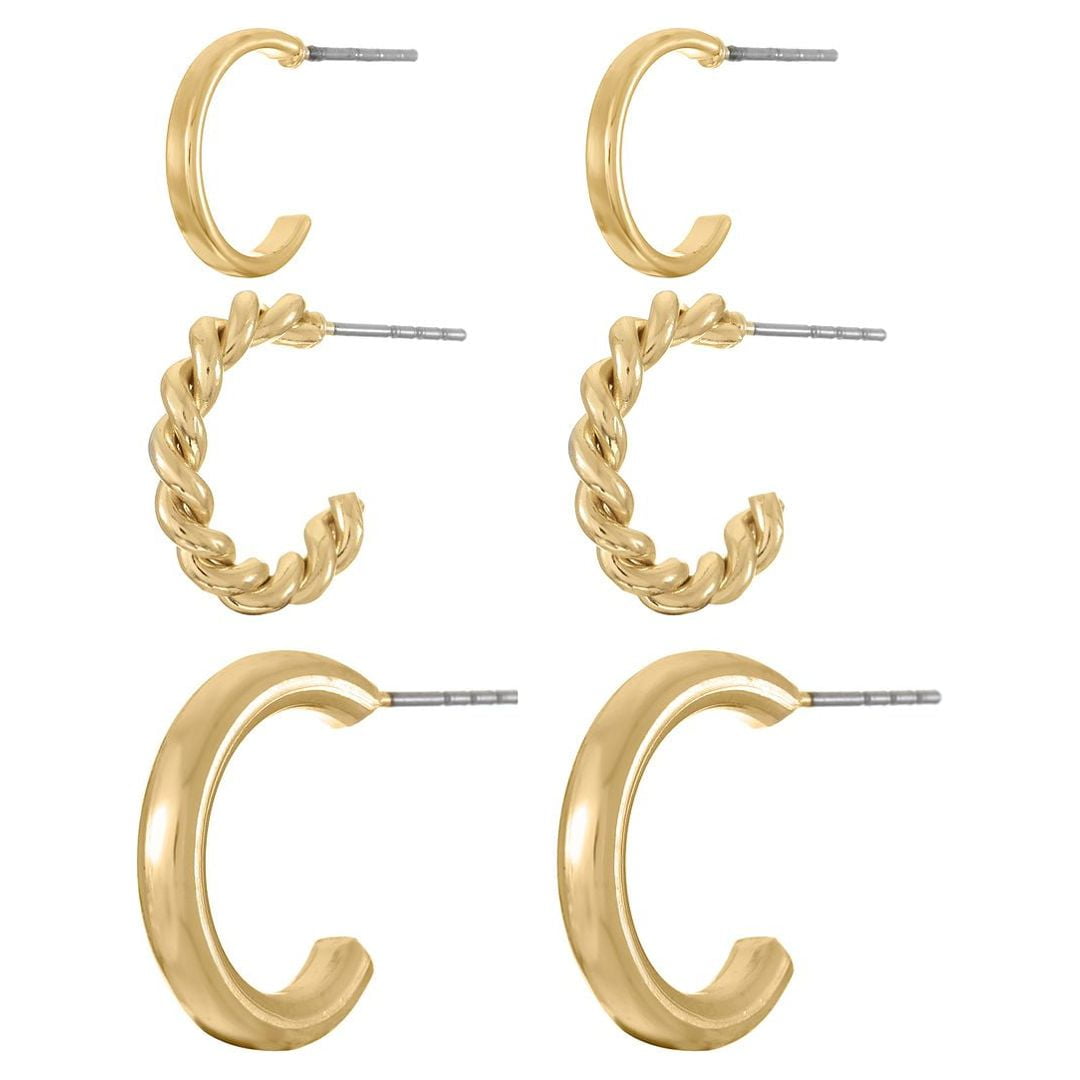 Time and Tru Gold Hoop Earring Trio for Women, 3 Pairs