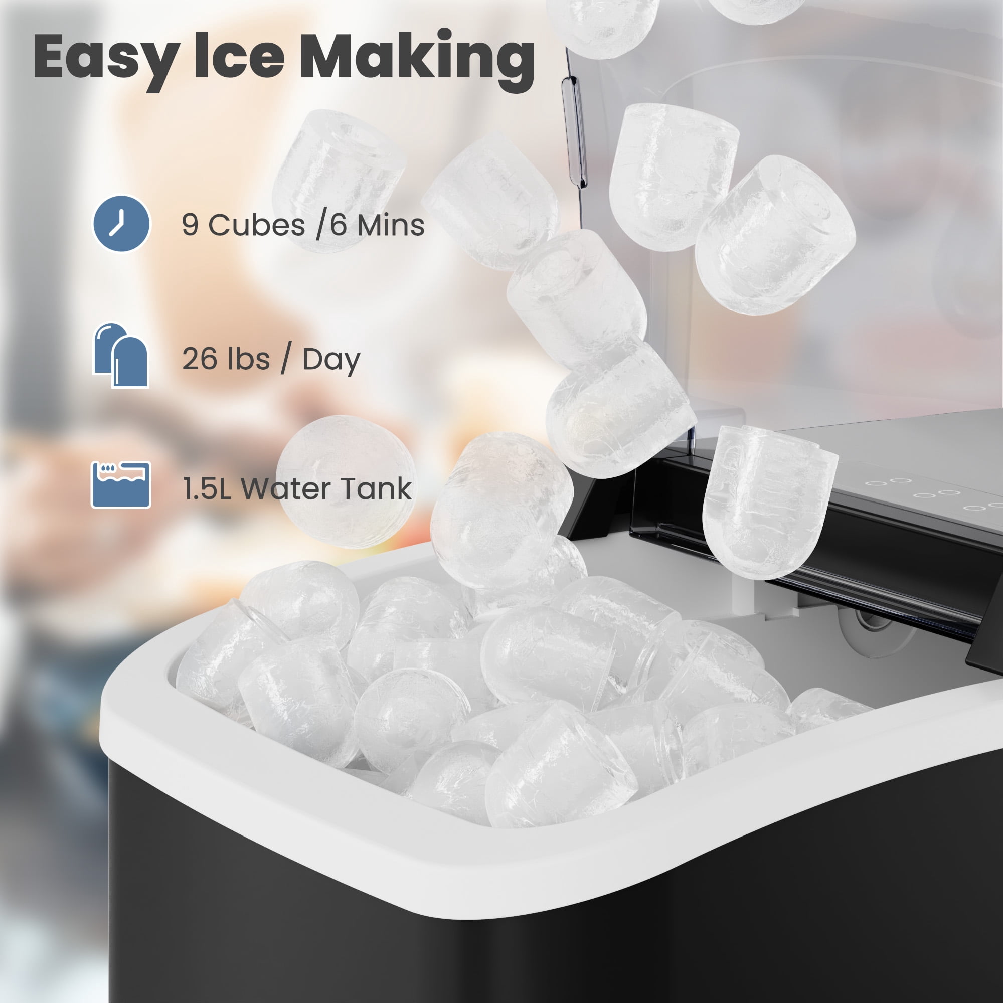 CONCETTA Portable Ice Maker Machine, 26.5 lb/Day Ice, Two Ice Sizes, Self-Cleaning Function, Bullet Ice Maker with Ice Scoop & Basket, Black