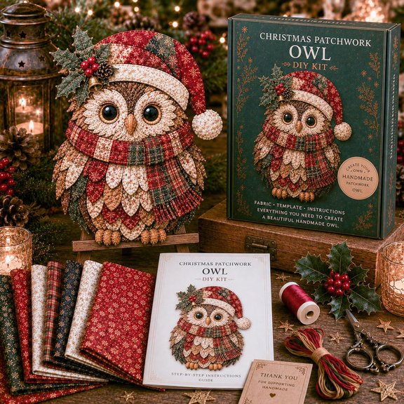 Christmas Patchwork Fabric DIY Decor Kit, Pre-Cut Fabric Pieces Sewing Craft Set, Rustic Horse Wall Hanging Ornament(Owl)