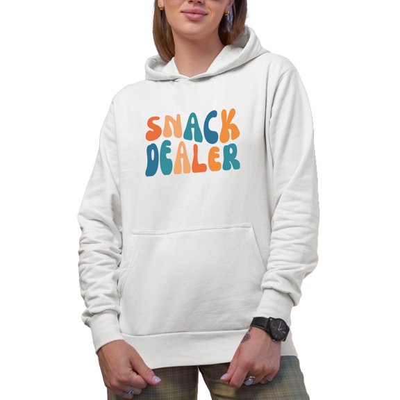Snack Dealer, Funny Motherhood Themed, Groovy Retro Wavy Text Merch Gift, White Hooded Sweatshirt or Hoodie, Small
