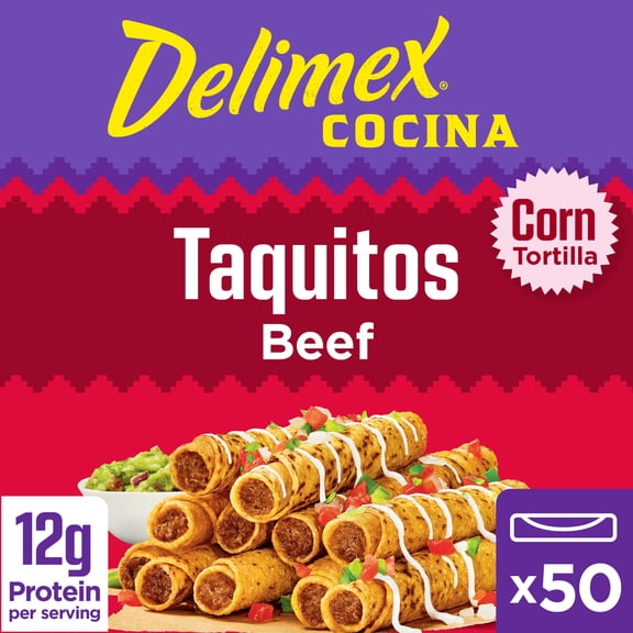 Delimex Beef Taquitos Frozen Snacks, 50 Count Box