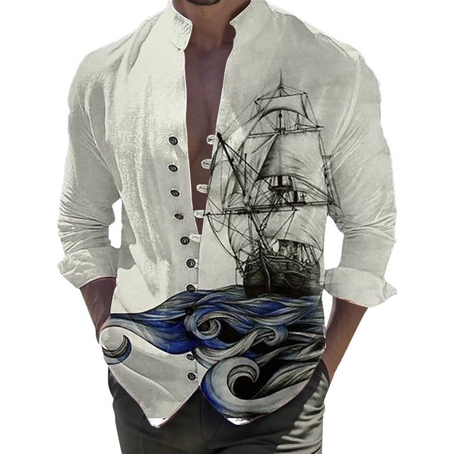 XDZJLR Chemise Homme Impression Numérique 3D Bateau Poche Boucle Col à Revers Manches Courtes