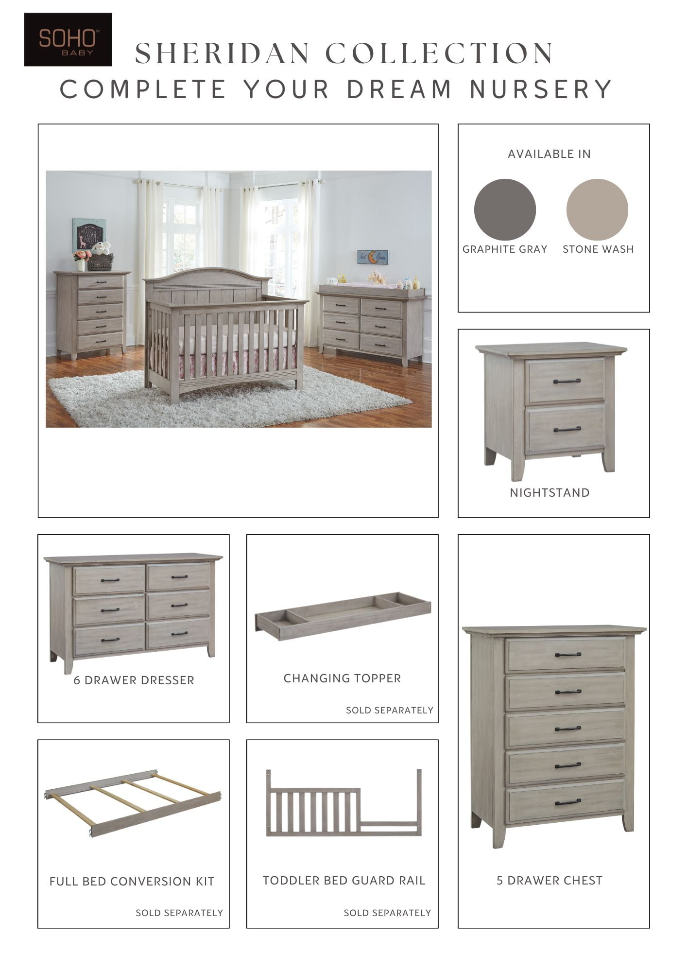 Soho Baby Sheridan 4 in 1 Convertible Crib Stone Wash