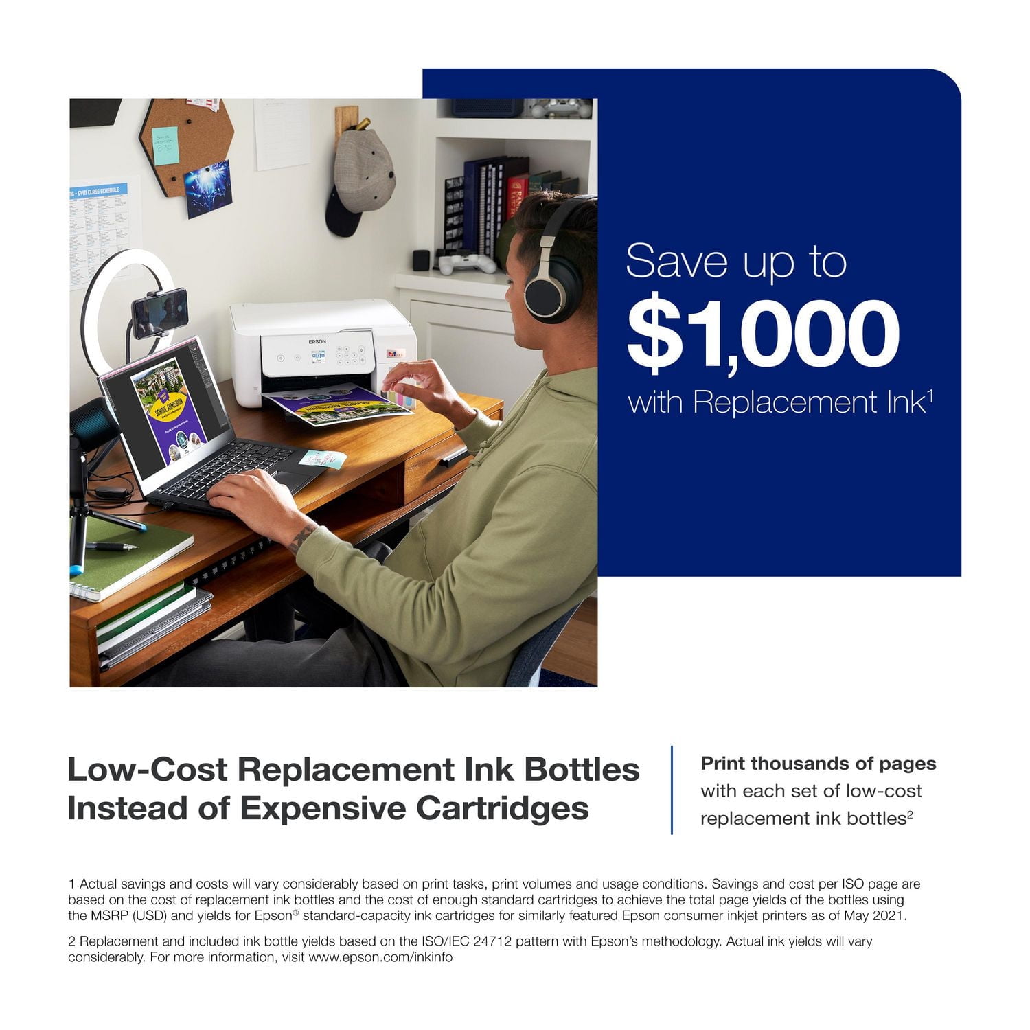 Imprimante multifonction couleur sans cartouche Epson EcoTank ET-2803 à réservoirs d’encre géants avec scanneur, copieur et connectivité sans fil