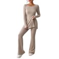 thumbnail image 1 of Conjunto de tops con cuello redondo y pantalón de pierna ancha para mujer Trajes para el hogar sencillos y holgados (Caqui L), 1 of 9