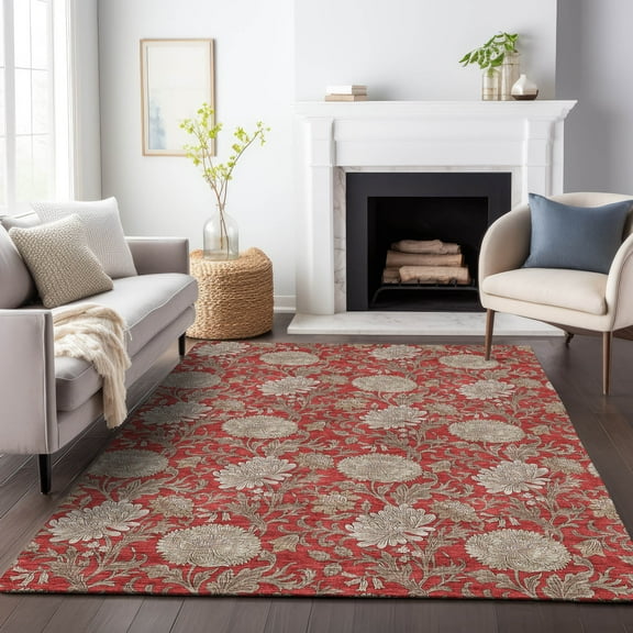 Addison Rugs Mayfield Washable Transitional Floral Red Rectangle Rug, 5' x 7'6"