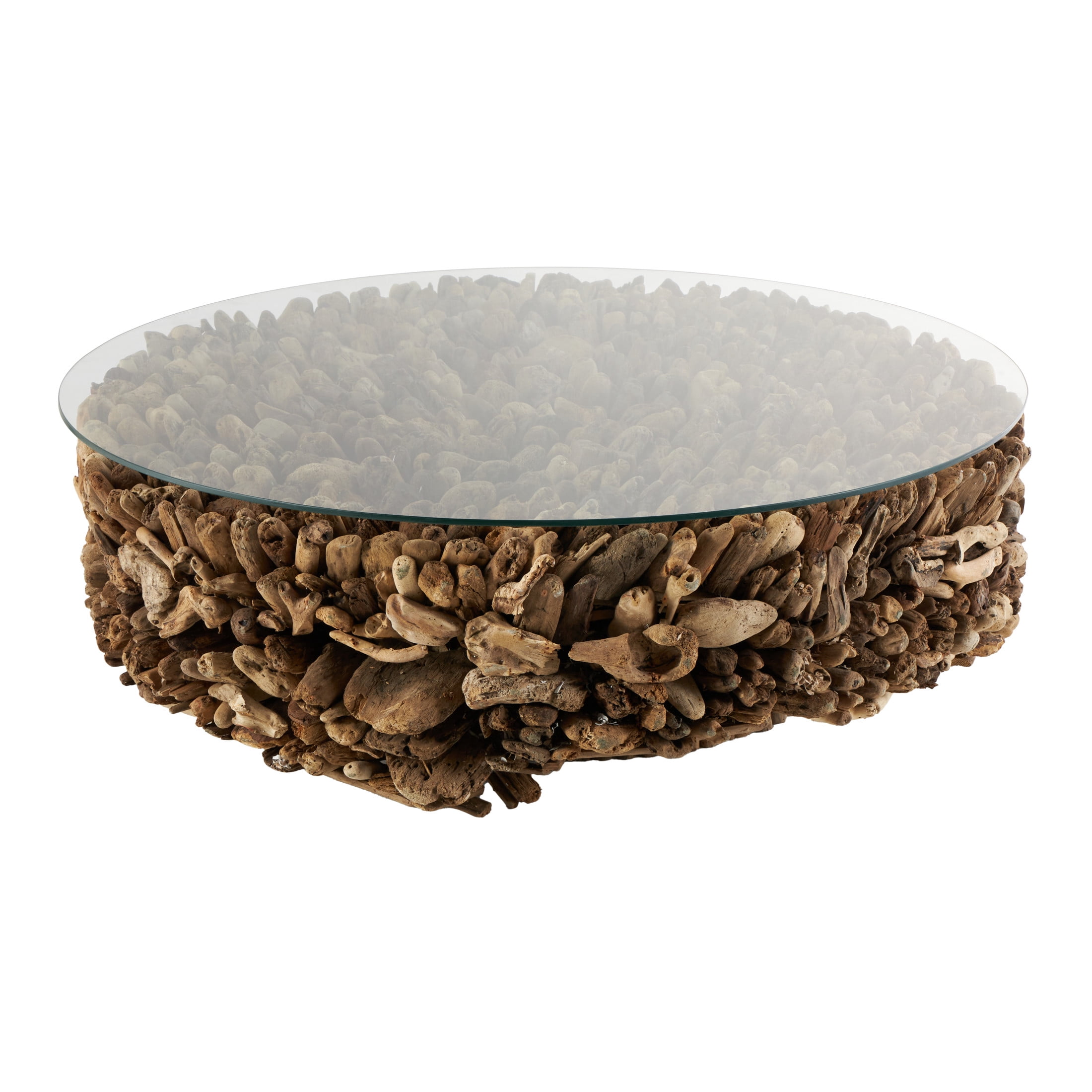 DecMode Rustic Brown Driftwood Inspired Coffee Table with Tempered Glass, 48"W x 16"H