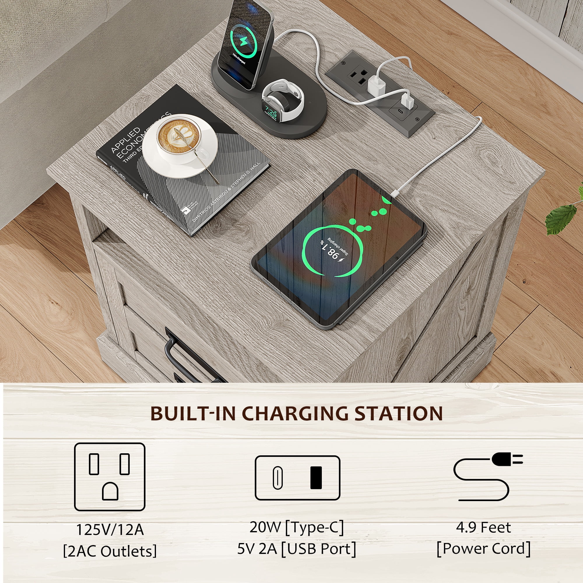 Farmhouse Nightstand Set of 2, 18 inch End Table with Charging Station for Bedroom, Living Room, Grey