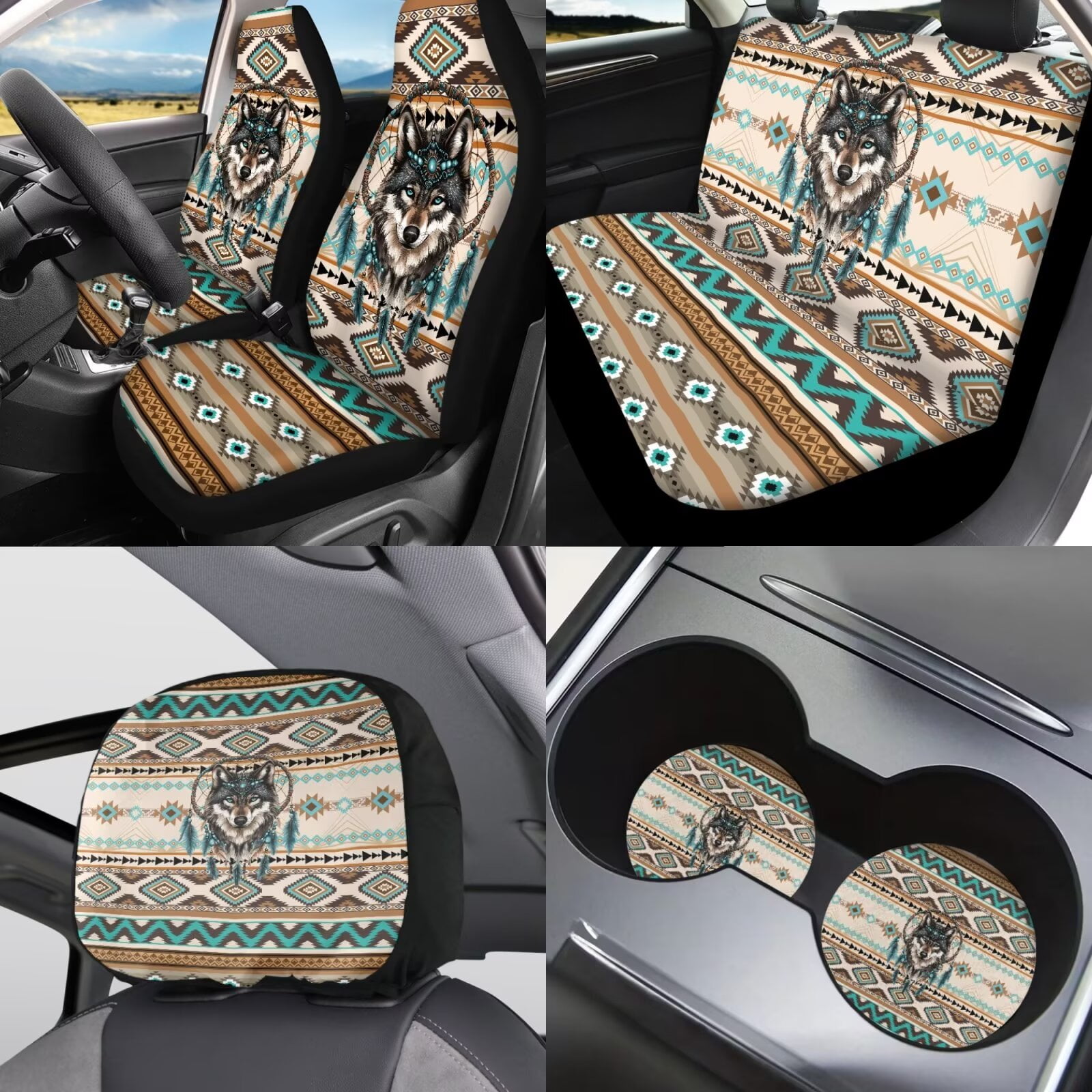 Garronmavis Aztec Wolf Car Seat Covers Set Easy Installation Car Accessories Set 11 Pcs with Auto Headrest Cover+Handbrake Gear+Shift Knob Cover+Auto Cup Coaster+Wristlet Keychain