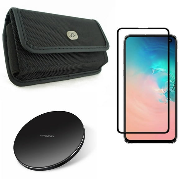 Galaxy S10e Wireless Charger w Screen Protector w Case Belt Clip - Fast 7.5W and 10W Charging Pad, Tempered Glass 5D Curved Edge, Rugged Holster Canvas for Samsung Galaxy S10e Phone