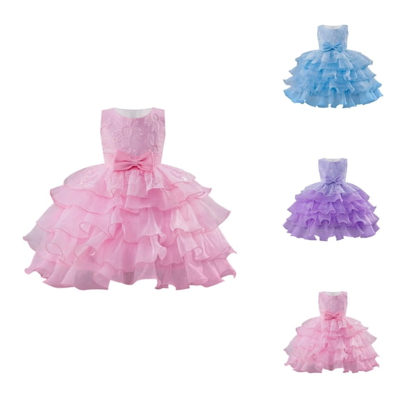 3D Floral Embroidery Bow Sash Tiered Gown, Girl's Formal Dress with Ruffled Tulle, Flower Girl Party Dress for Wedding Birthday Celebration