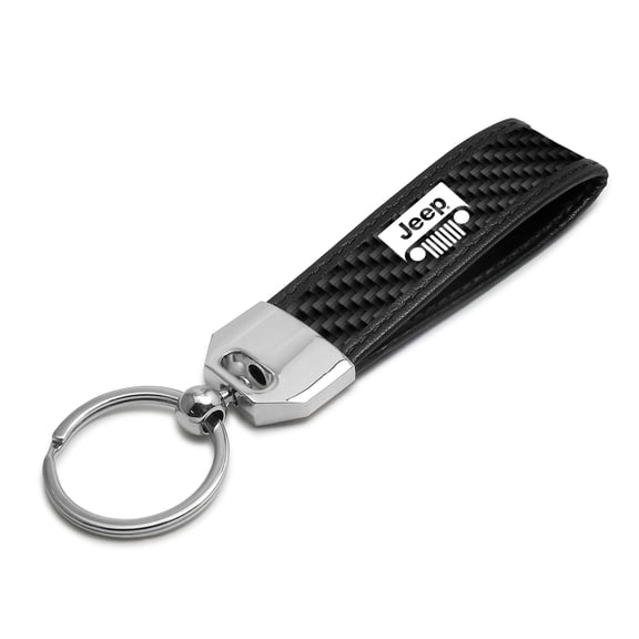 Jeep Grill Real Carbon Fiber Leather Strap Key Chain with Black stitching