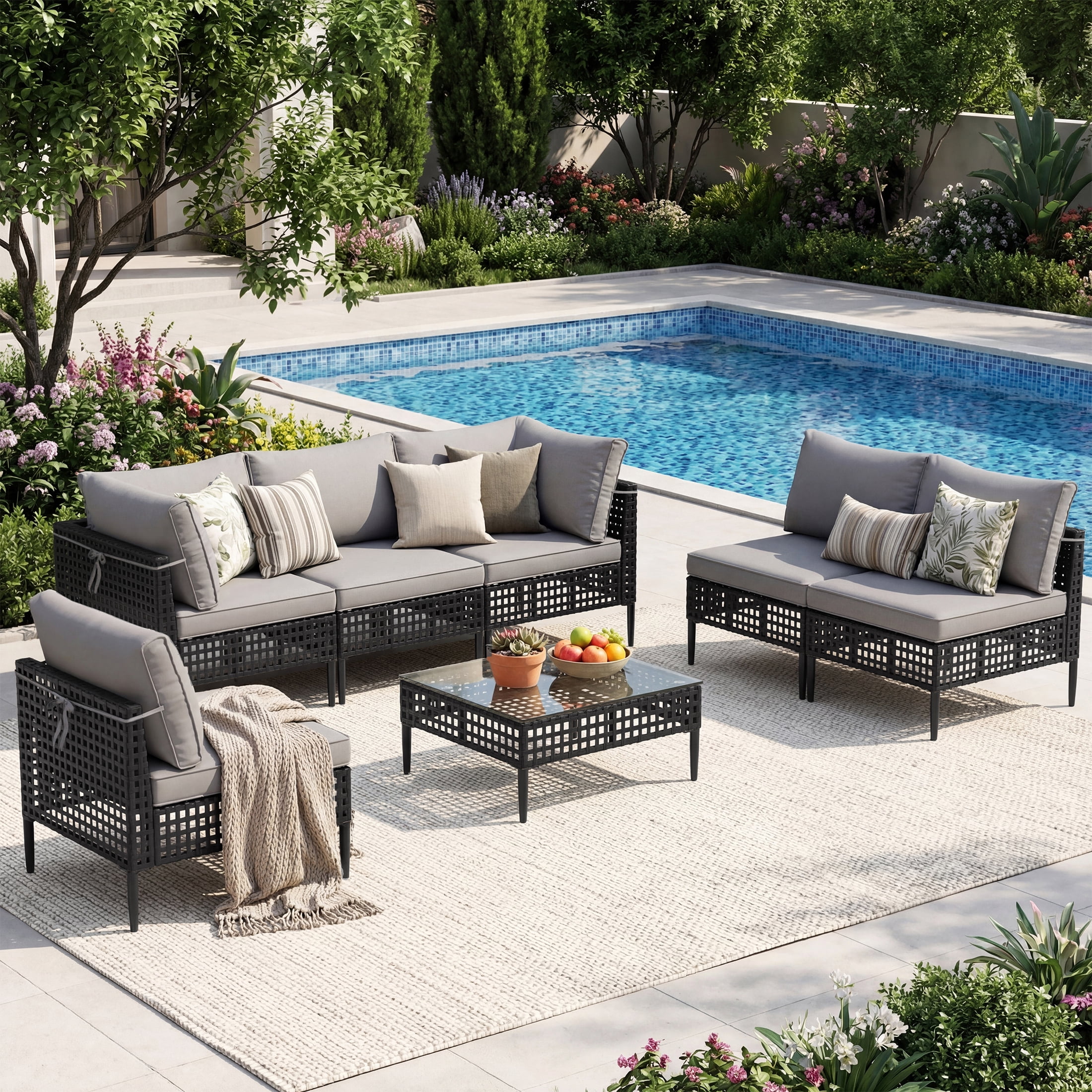 UDPATIO 7 Piece Wicker Patio Furniture Set, Outdoor Conversation Set， Sectional Sofa with Glass Coffee Table， Outdoor Sofa for Porch, Backyard, Black&Gray