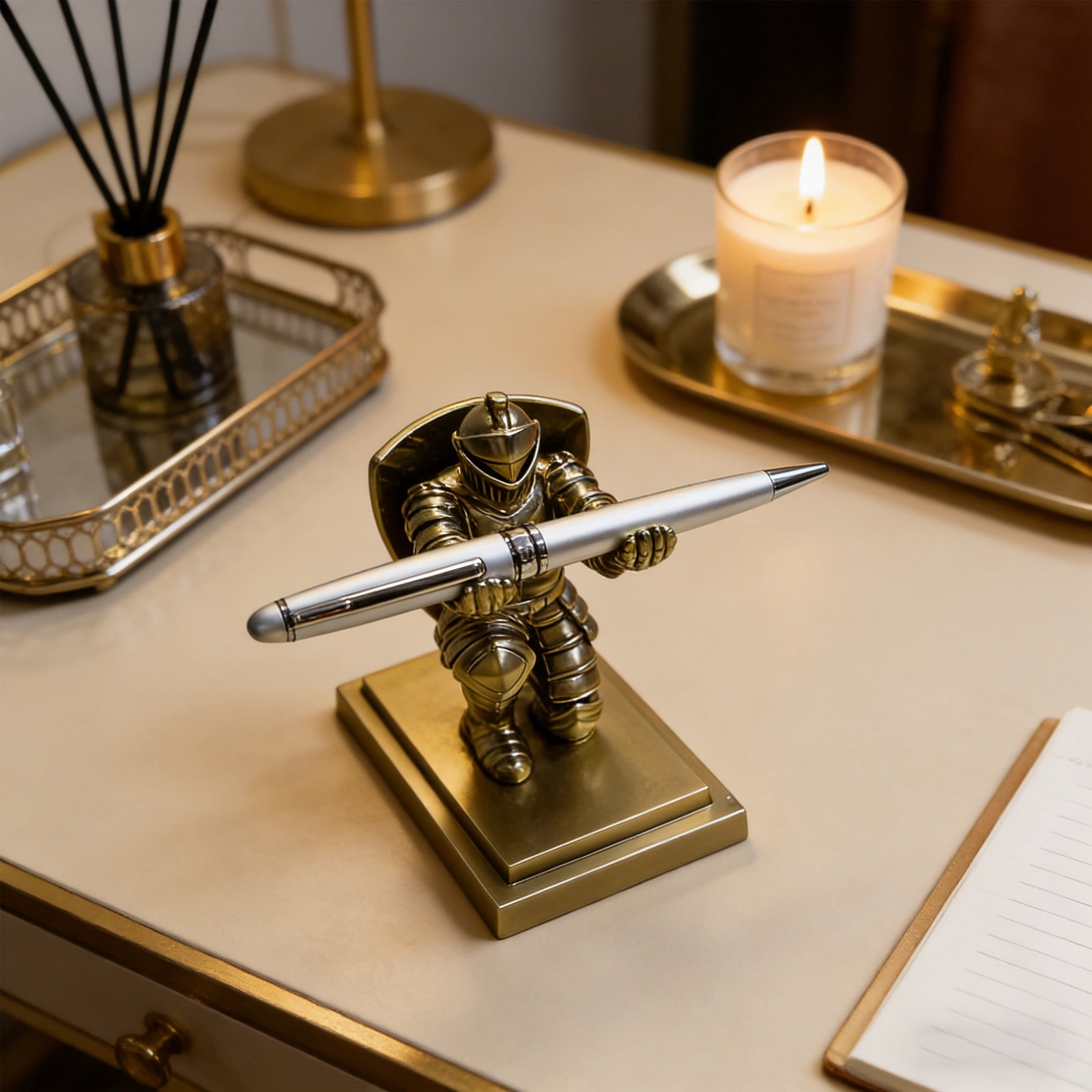 Shield Knight Resin Desktop Organizer with Medieval Theme Multi-Purpose Desk Accessory for Phone Display Pen Storage and Book Holding Vintage Style Decoration for Office and Home Decor