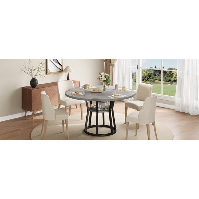 Towallmark Space-Saving Farmhouse Dining Table – 47.2" Round Table for 4–6 with 2-Tier Storage Shelf – X-Shaped Sturdy Metal Base – Perfect – Grey