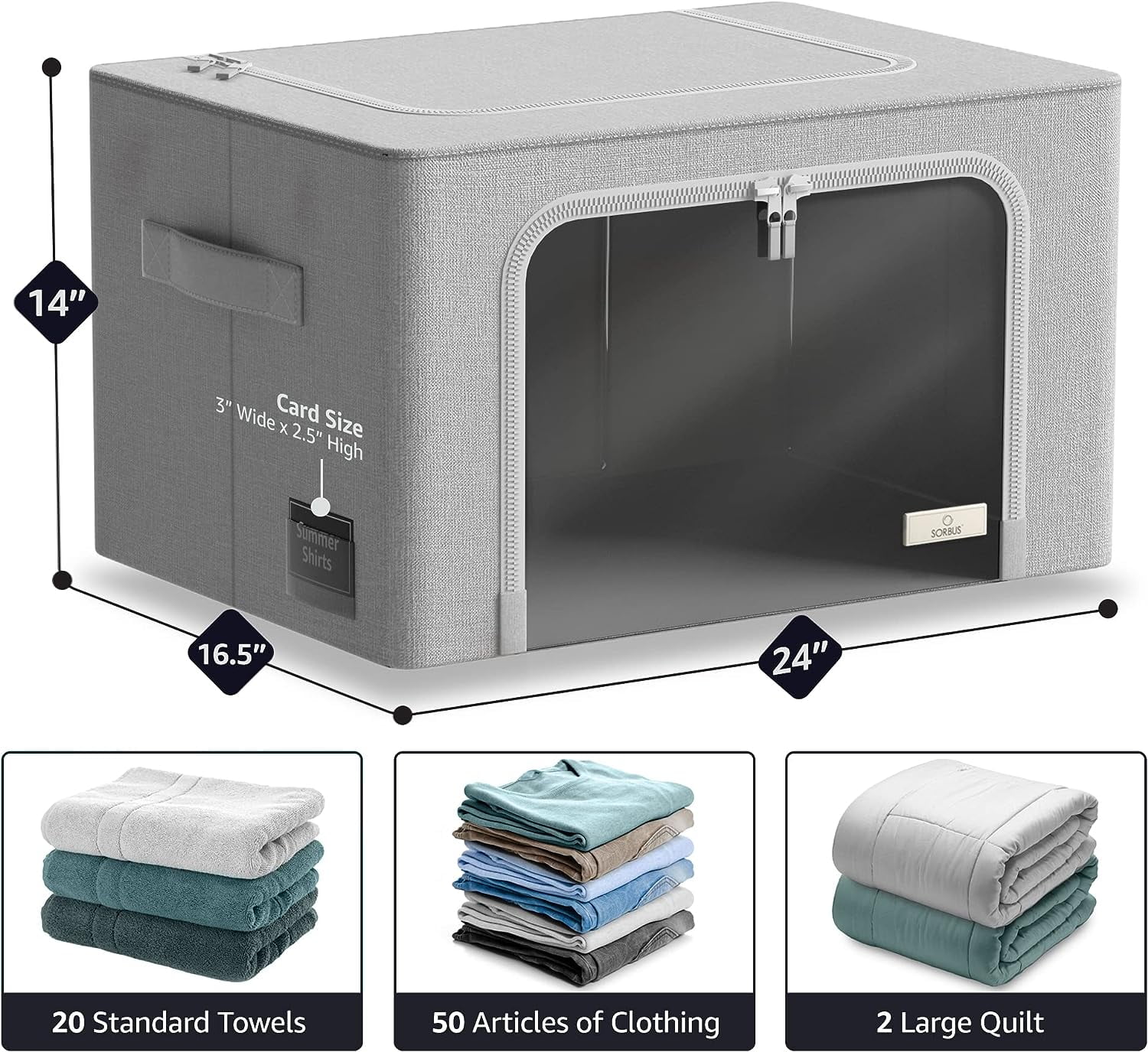 Sorbus Large Foldable Storage Bin with Metal Frame – Stackable Organizer with Handles, Gray