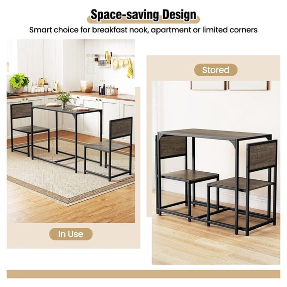 3-Piece Dining Table Set for 2, Industrial Rectangular Kitchen Table and 2 Chairs with Metal Frame, Space Saving Dinette Set for Dining Room, Living Room, Breakfast Nook, Small Space, Gray Oak