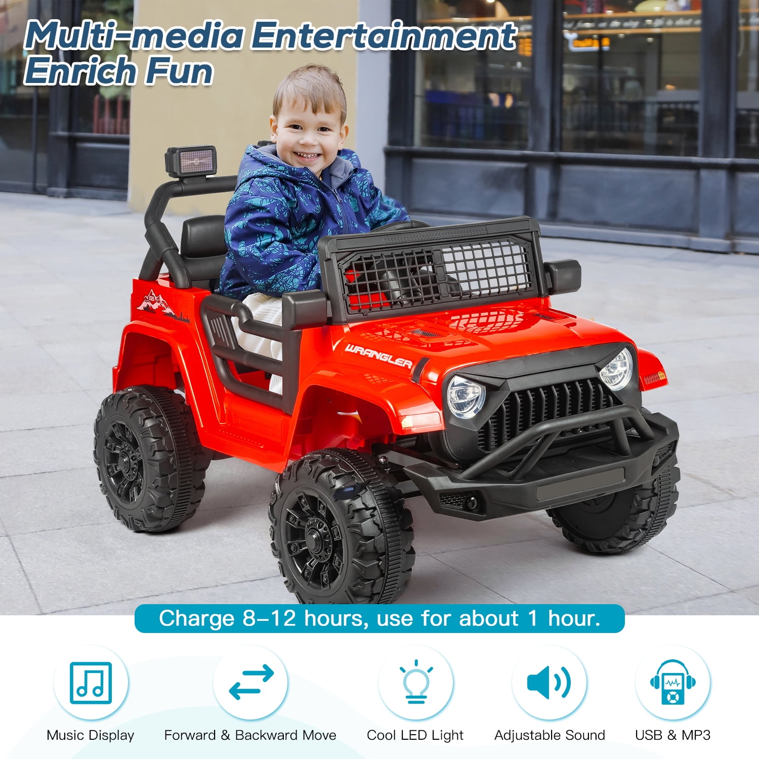 Erinnyees Ride on Jeep Car 12V Kids Electric Vehicles with Parent Remote Control, Safety Belt,Forward and Reverse Functions,Battery Powered,Spring Suspension,Music and Lights-Red