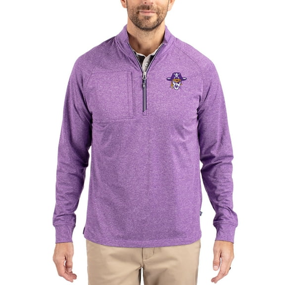 Women's-Cutter & Buck  Heather Purple ECU Pirates Adapt Eco Knit Stretch Recycled DryTec Raglan Quarter-Zip Pullover