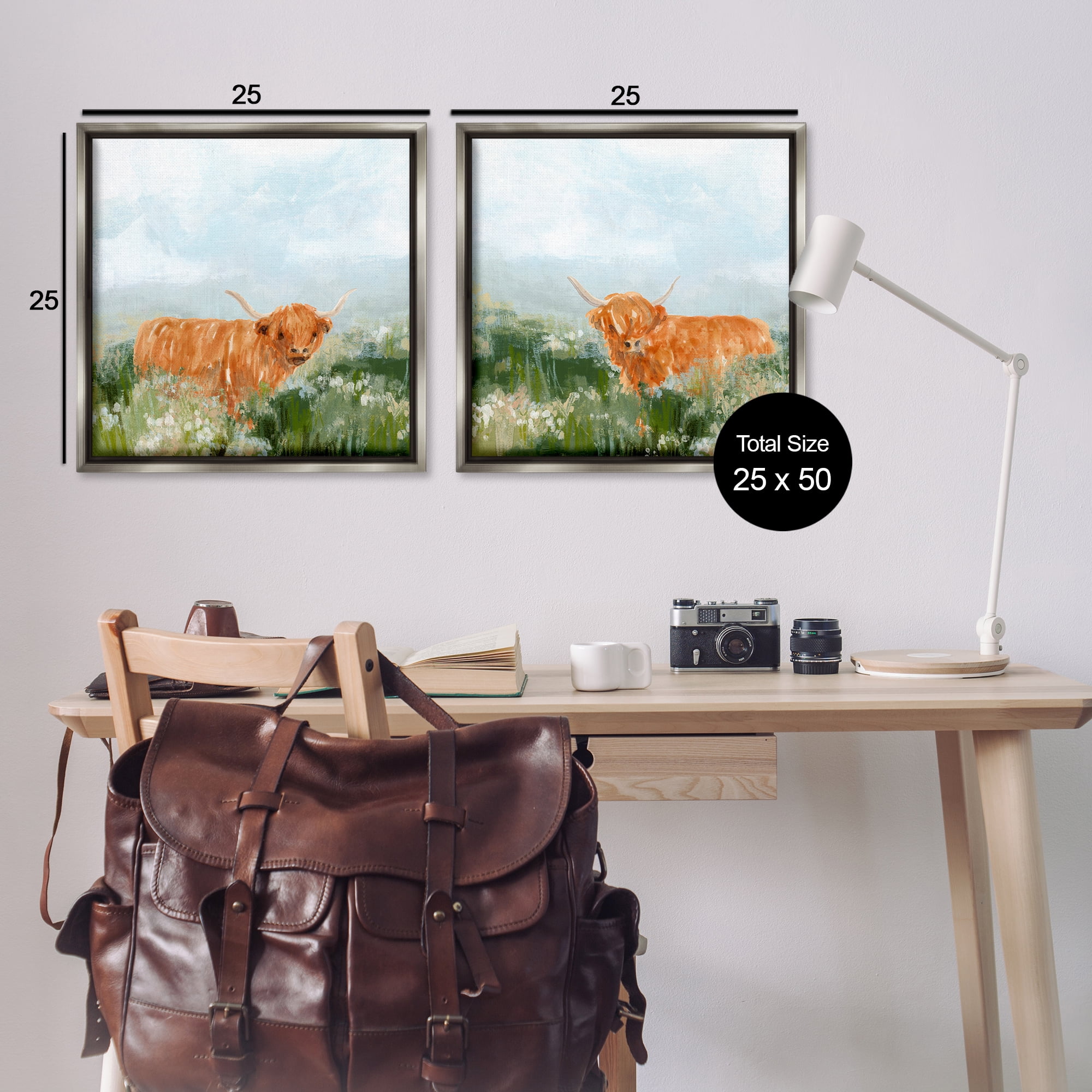 Stupell Industries Shaggy Highland Cow in Field Animals Painting Gray Floater Framed Canvas Art Print Wall Art, 25 x 25, Set of 2