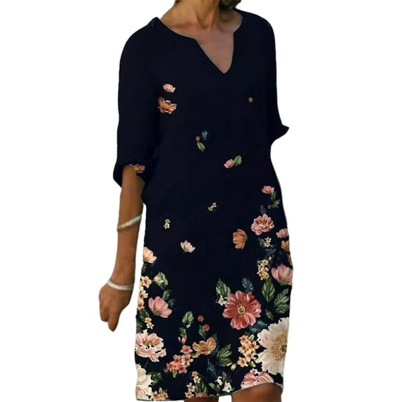 UKAP Vintage Half Sleeve Shift Dresses for Women V-Neck Cotton Linen Paisley Loose Casual T-Shirt Dress Kaftan Baggy Beach Long Sundress