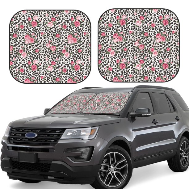 Balery Rose Mix Leopard 3 Parasol para parabrisas de coche de 2 piezas | Parasol plegable para parabrisas delantero de coche para la mayoría de sedanes-Small