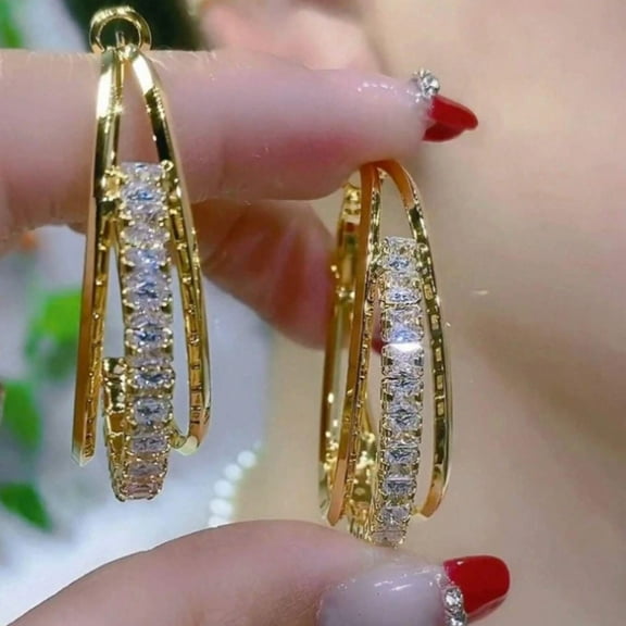 14K Yellow Gold Plated Women's Hoop Earrings 2.10Ct Round Cut Lab Created Diamond