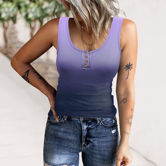 Pimelu Tank Top for Women Womens Summer Tops 2024 Trendy Gradient Print Button up Slim Fit Sleeveless Tunic Shirts U Neck Comfy Knitted Ribbed Tank Tops Tank Top for Women