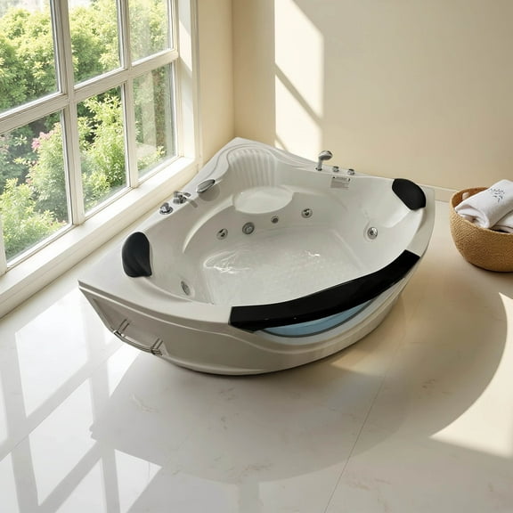 59" Corner Whirlpool Bathtub for 2-Person, Luxury Jetted Spa Tub with 6 Hydro Massage Jets, Chromatherapy LED Lights, 1.0HP Pump, UPC & UL Certified, Includes Faucet and Drain, White/Fiberglass