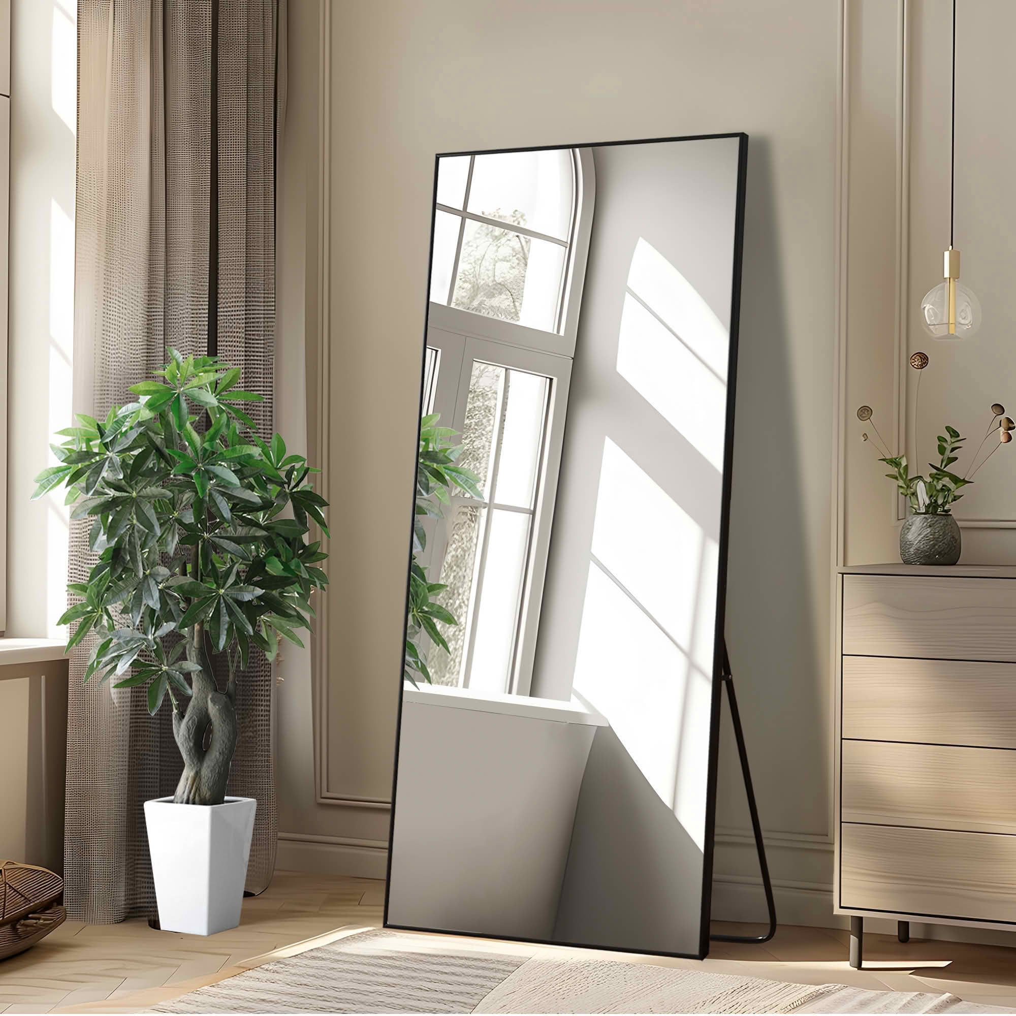 MAYEERTY 59x28x1 Inch Black Thin Edge Aluminum Right Angle Rectangular Full Length Mirror with Stand for Bedroom