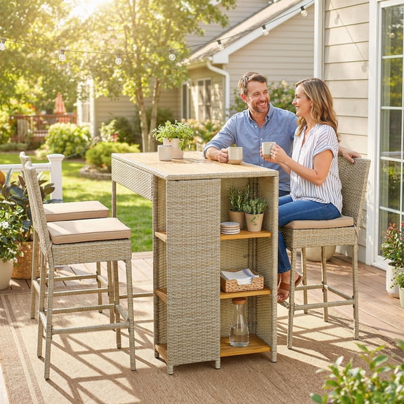 5 Piece Wicker Outdoor Bar Set, Acacia Wood Outdoor High Top Table and Chairs with 3 Tier Shelves, Backrest, Footrest, Cushions, Brown
