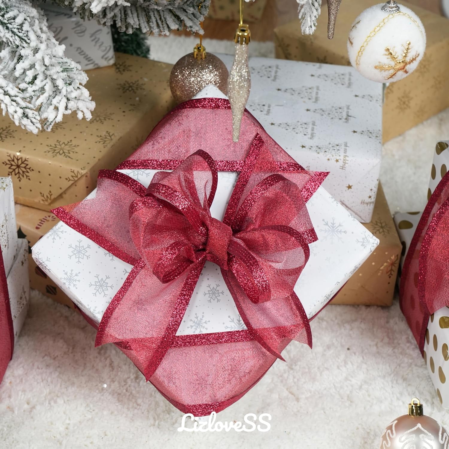 Burgundy Christmas Ribbon Wired 2.5 Inch Metallic Red Wired Ribbon with Glitter Stripe, Maroon Ribbon for Christmas Tree, Wreaths Supplies, Swag, Garland, Holiday Decor - 10 Yards