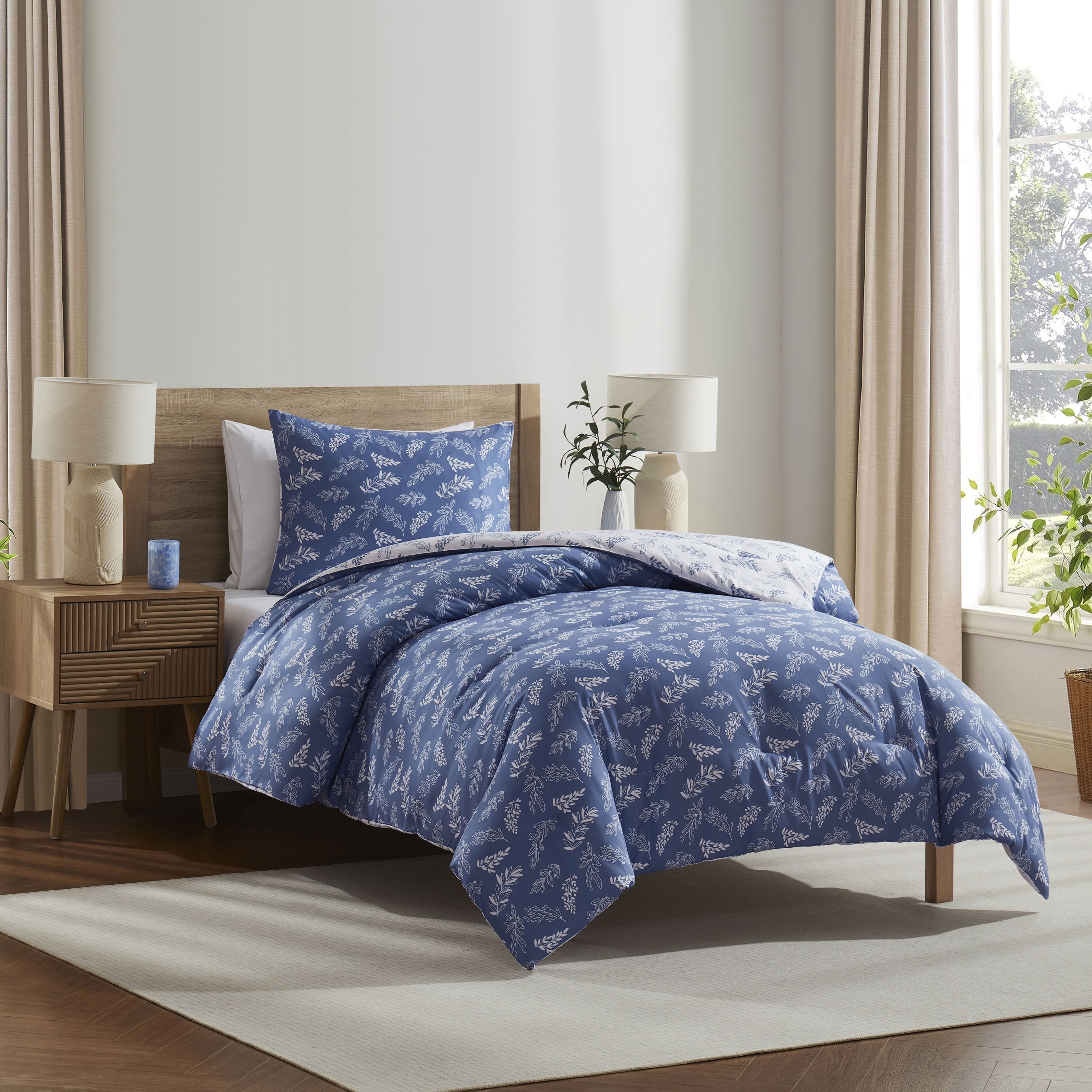 LammaLoe Twin Comforter Sets, 2 Piece Botanical Bed in a Bag, Reversible Bedding Comforter Set with Sheets, Modern Bed Set, Slate Blue/Cloud Stone