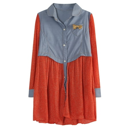 

Richie House Little Girls Orange Blue Denim Gold Bow Contrast Dress 1/2