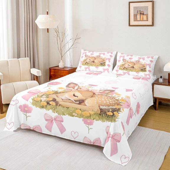 Homewish Cartoon Bowknot Deer Queen Sheet Sets for Teens, Pink Flower Floral Flat Sheet, Magic Kawaii Animal Queen Fitted Sheet, Luxury Bedroom Decor, 4 Pieces