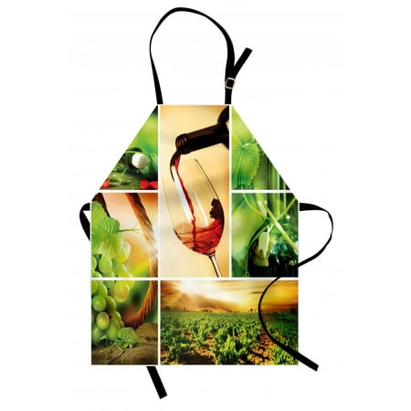 Wine Apron Wine Tasting and Grapevine Collage Green Fresh Field Pouring Drink Delicious, Unisex Kitchen Bib Apron with Adjustable Neck for Cooking Baking Gardening, Green Ruby Caramel, by