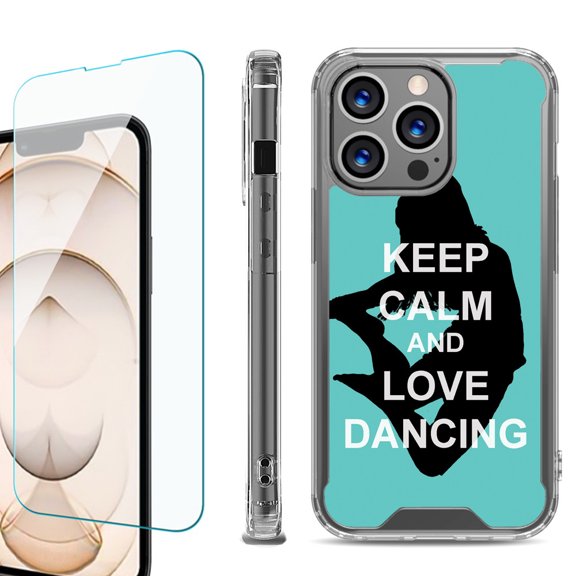 Shockproof Bumper Phone Case for iPhone 13 Pro Max, with Tempered Glass Screen Protector, by OneToughShield ® - Keep Calm / Dancing