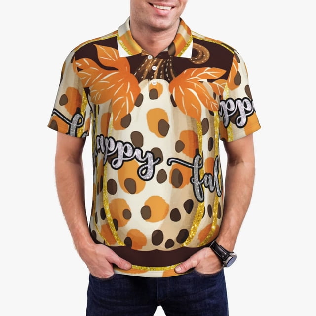 Balery Fall Farmhouse Pumpkins Camisa Polo de Hombre con Estampado, de Manga Corta y Tejido Medio, Camisa Tipo Golf Polo-Small