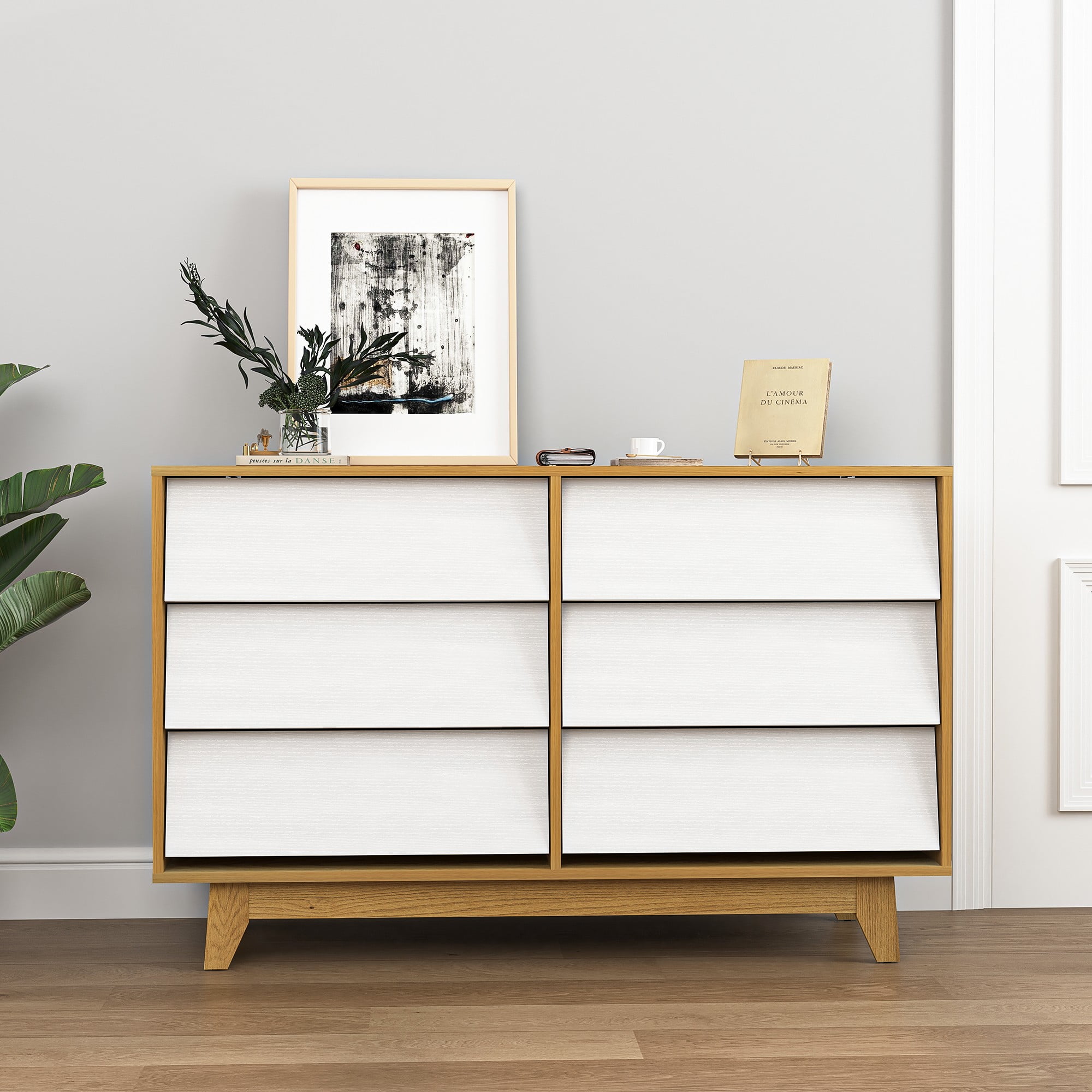 Finihen 6 Drawer Double Dresser Features Vintage-style and Bevel Design, Dresser For Nursery, Kids, Chest Of Drawers, White+Beige Finihen 6 Drawer Double Dresser Features Vintage-style and Bevel Design, Dresser For Nursery, Kids, Chest Of Drawers, White+Beige
